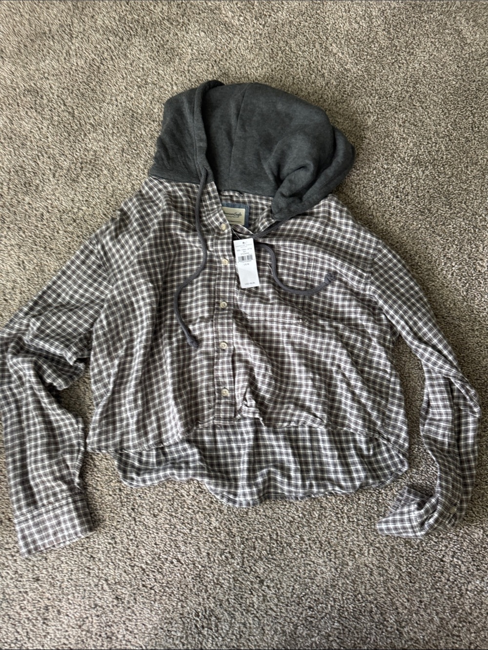 American Eagle Outfitters Gray and White Plaid Button-Down with Hood